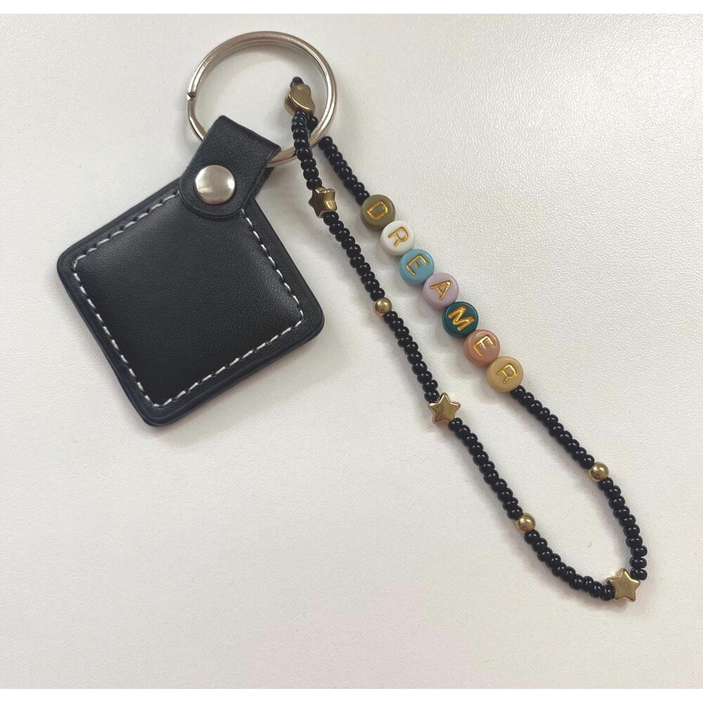 Black Beaded Faux Leather Diamond Keychain Gold Stars Dreamer Inspirational